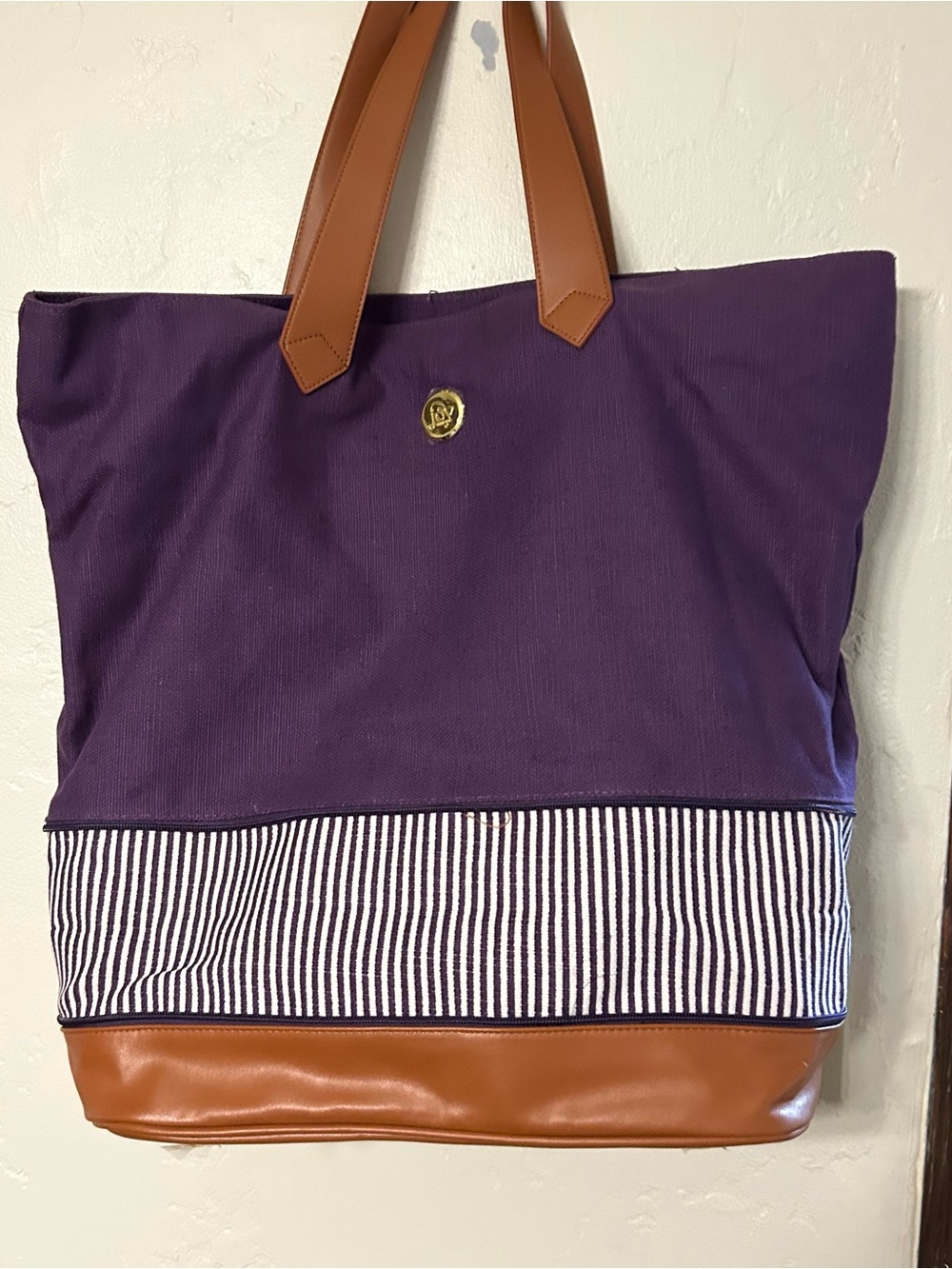 Joy Mangano Purple Canvas Tote with Brown Trim and Stripes